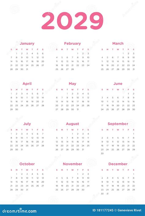 Annual Calendar For 2029 Stock Vector Illustration Of Week 181177245