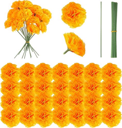 ccinee 50pcs marigold flowers heads bulk silk artificial marigold flowers with stem