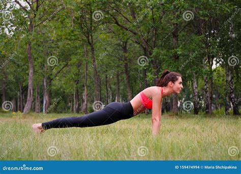 Young Attractive Smiling Toned Brunette Woman Doing Plank In A Park