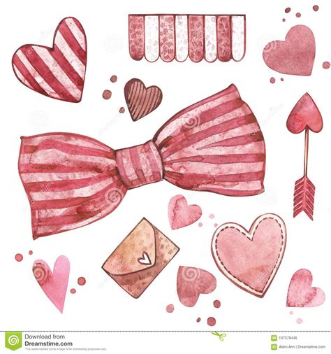 Bow With Hearts Watercolor Pink Set Of Elements For Valentine S Day
