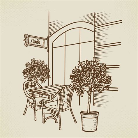 Street Cafe In Old Town Graphic Illustration Hand Drawn Outdoor Cafe