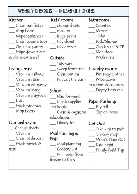Household Chore Chart Weekly Checklist Printable Pdf Download