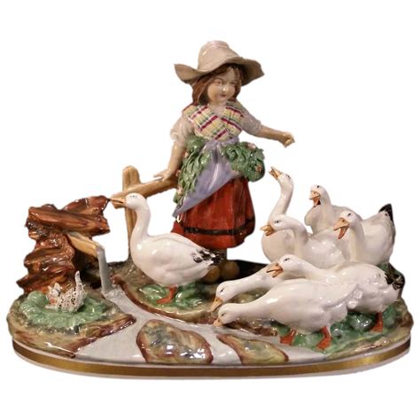 Antique German Capodimonte Figural Group Statue Sculpture Girl Goose