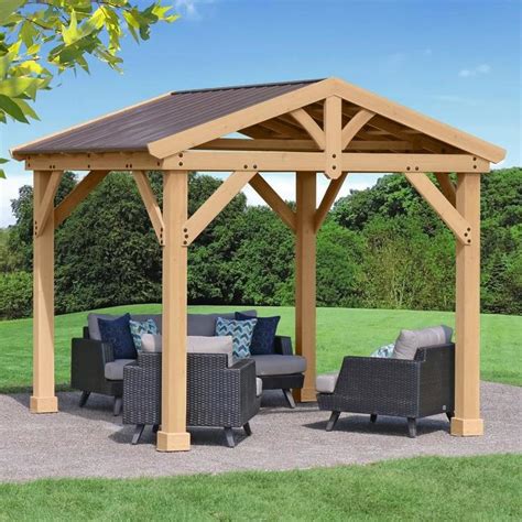 Yardistry Natural Cedar Stain Wood Square Gazebo With Aluminum Roof