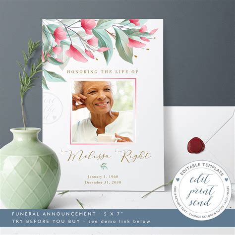Greenery Pink Funeral Announcement Template Memorial Service