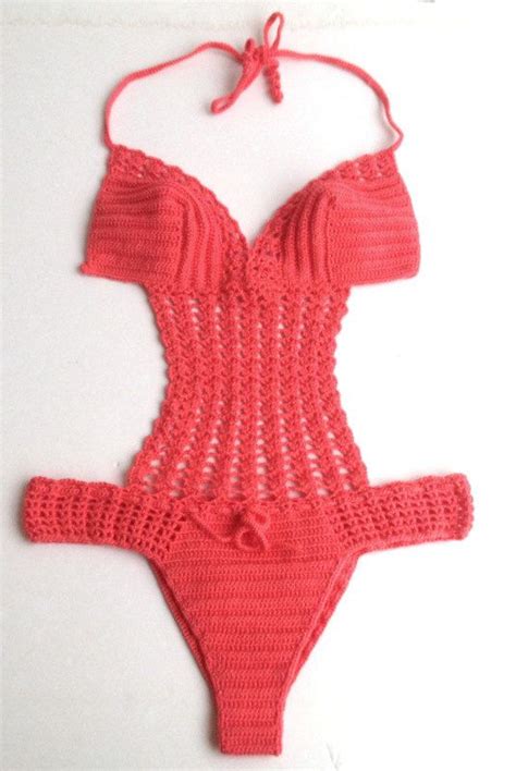 Express Shipping Coral Red Monokini Crochet One Piece Swimsuit Motif