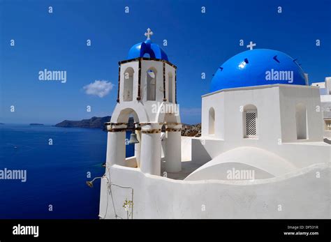Blue Dome Whitewash Buildings Oia Santorini Greece Island Mediterranean