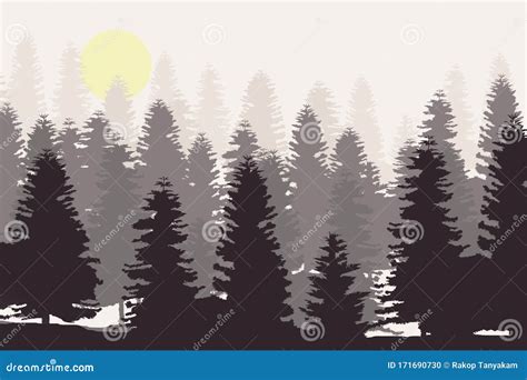 Pine Tree Forest Silhouette Isolated On White Background Stock Photo