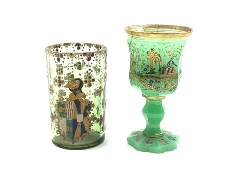 19th Century Bohemian Green Glass Panel Sided Goblet Painted With Hunting Scenes And Gilt