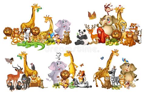 Set Of Wild Animals In Groups On White Background Stock Vector