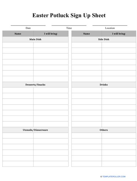 Easter Potluck Sign Up Sheet Template Download Printable Pdf