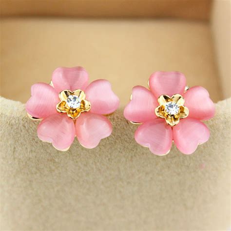 Pink Opal Clip On Earrings Gold Platedlovely Flower Crystal Clip