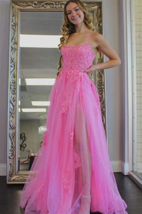 princess hot pink prom dresses lace tulle formal dress appliqued with mychicdress