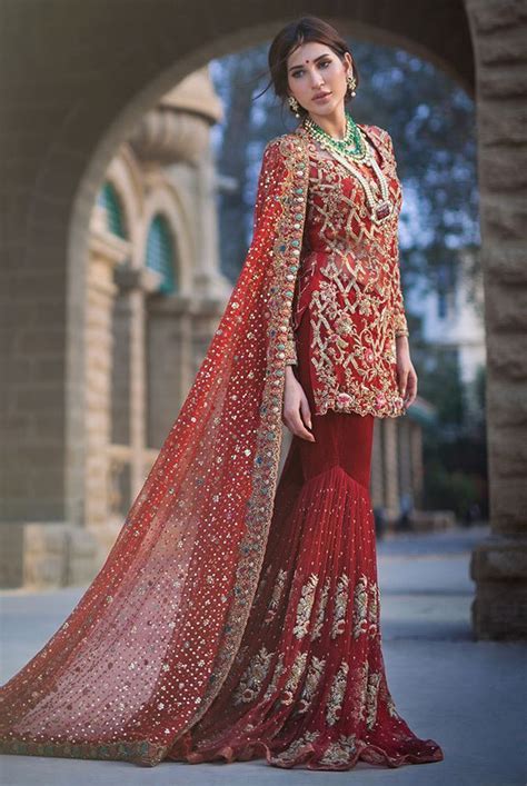 Red Ghaghra Dress For Bridal Pearls Dabka Embroidered Nameera By Farooq