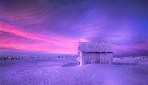 Nature Landscape Hut Sunrise Snow Winter Sky Norway Cold Frost Fence