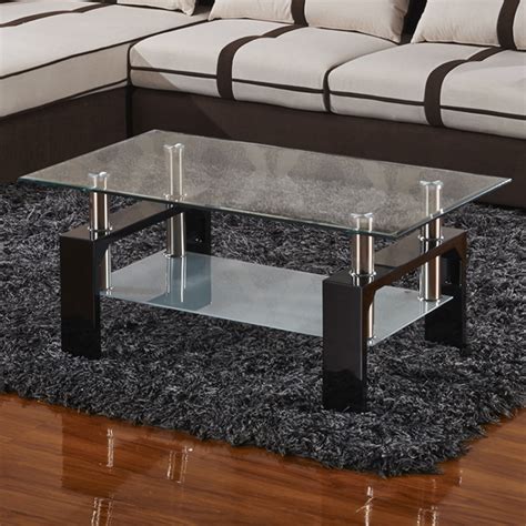 Modern Rectangular Black Glass Coffee Table Chrome Shelf Living Room