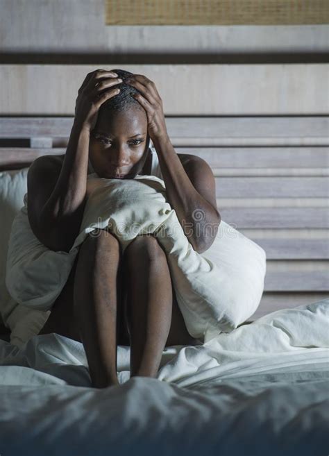 Young Sad Depressed Black African American Woman In Bed Sleepless Feeling Desperate Worried