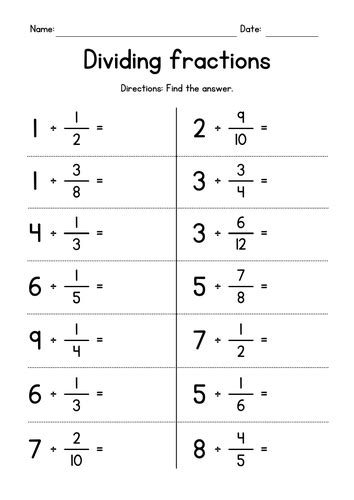 Dividing Proper Fractions By Whole Numbers Worksheet