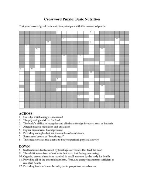 13 Printable Nutrition Crossword Puzzle Worksheet