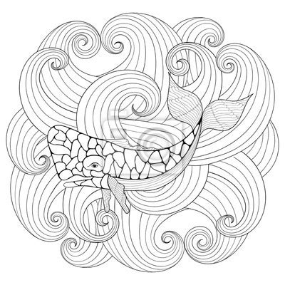 Whale Tail In Waves Zentangle Style Freehand Sketch For Adult Wall