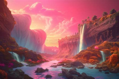 Fantasy Landscape With Waterfalls River And Mountains Created Using