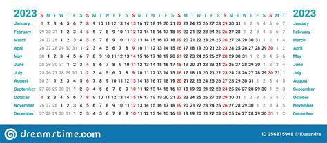 Linear Calendar 2023 Template With Week Starts On Sunday Stock Vector