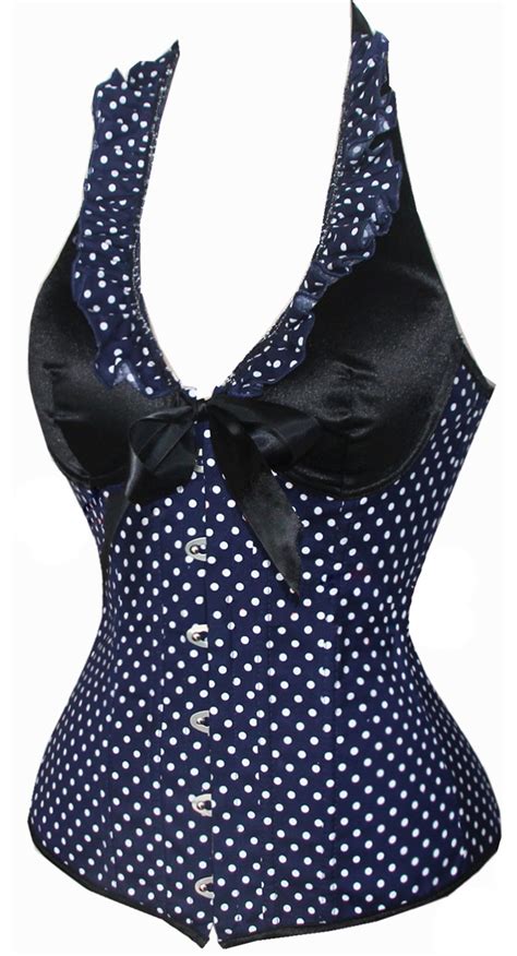 Sexy Satin Blue Polka Dot Halter Busk Closure Corset N