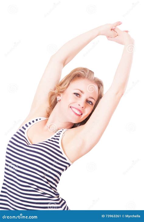Young Attractive Woman Smiling Happily Hands Up Stock Image Image Of