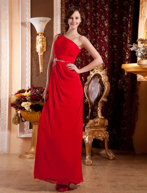 Red One Shoulder A Line Rhinestone Silk Like Evening Dress Milanoo Com