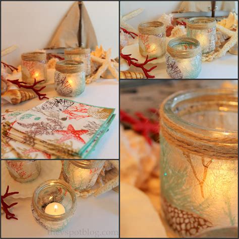 Sea Inspired Diy Candle Holders Made From Glass Jars And Paper Napkins