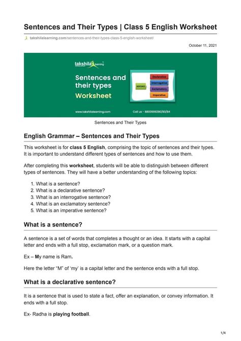 Sentences And Their Types With Examples Class English Worksheet By