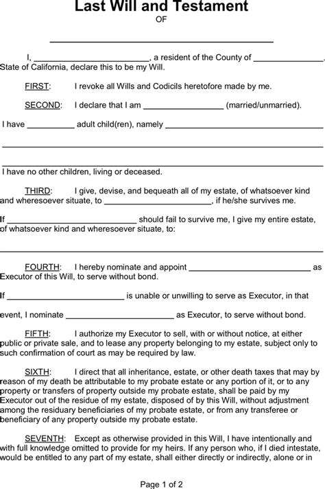 Free Printable Last Will And Testament Forms California Printable
