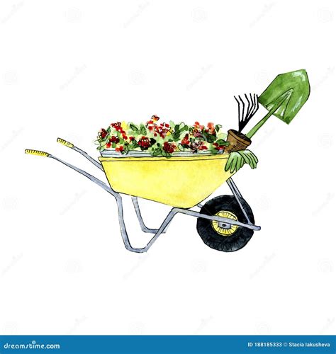 Wheelbarrow With Flowers Cute Watercolor Card Royalty Free Stock Image