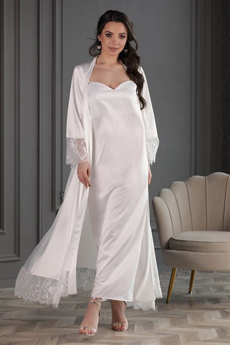 White Nightwear Set Nightgown Long Robe Set Satin Silk Etsy