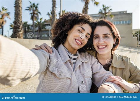Selfie Of A Multiracial Couple Of Girls Smiling Stock Image Image Of Photograph Affection