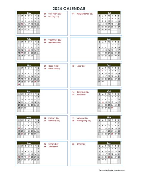 2024 Yearly Calendar Printable One Page Free Download Printable