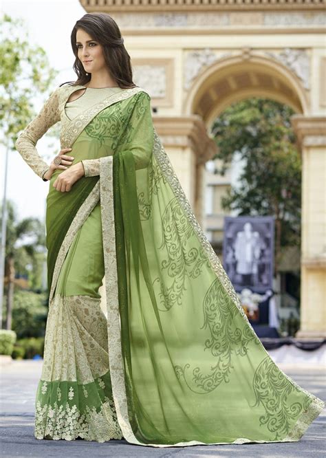 Green Colored Embroidered Georgette Lycra Net Festive Saree 97062