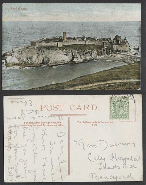 Isle Of Man Gb Ke7 12d 1910 Old Colour Postcard Peel Castle On Rocks