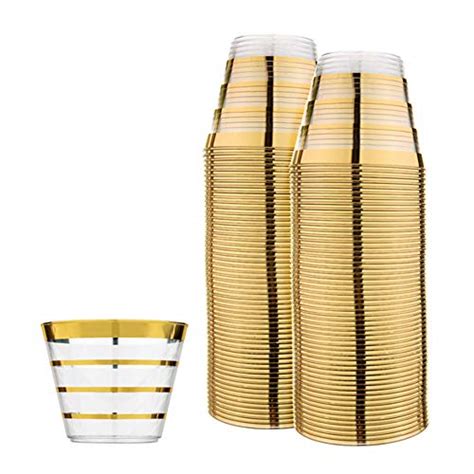 perfect settings 110 premium gold rimmed 4 ring clear plastic disposable party cups 9 ounce