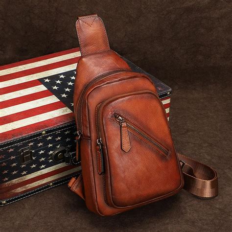 Vintage Brown Leather Mens Sling Bags Chest Bag Brown Sling Pack Slin