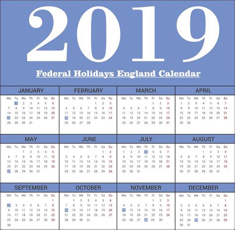 England Federal 2019 Holidays Calendar Printable School Holiday