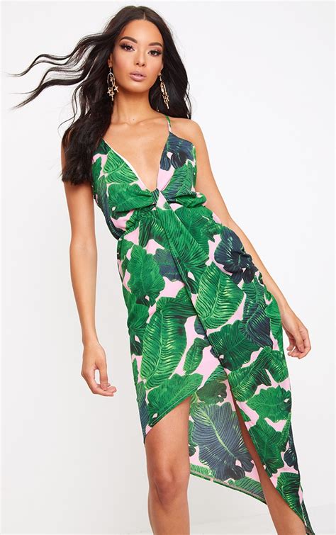 Pink Tropical Print Wrap Over Midi Dress Dresses Prettylittlething