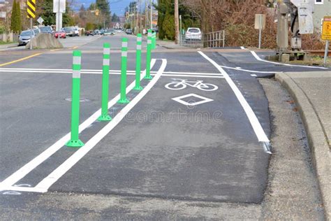 Green Bike Lane With Road Markings For Cyclists Stock Image Image Of