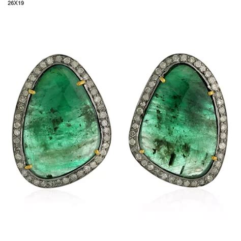 K Gold Sterling Silver Diamond Ct Emerald Stud Earrings