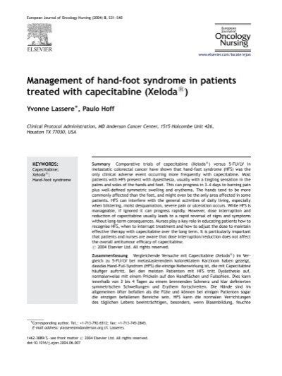 Management Of Hand Foot Syndrome In Patients Treated With