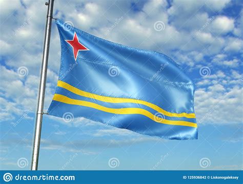 Aruba Flag Waving With Sky On Background Realistic 3d Illustration