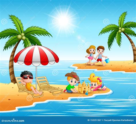 Niños Jugando En La Playa En Verano Ilustración Del Vector