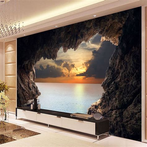 Custom Wallpaper Mural 3d Cave Seascape Sunrise Home Decor Bvm Home
