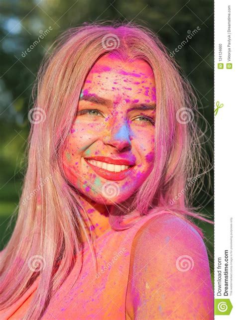 Closeup Portrait Of Awesome Caucasian Woman Covered By Purple An Stock