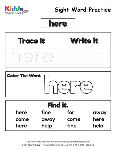 Free Printable Sight Word Practice Here Worksheet Kiddoworksheets